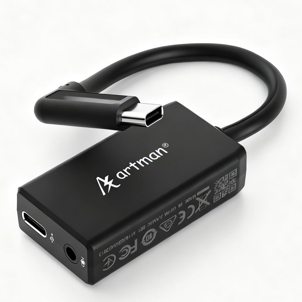 Artman adapter front view showing USB-C connector and compact design for reliable audio