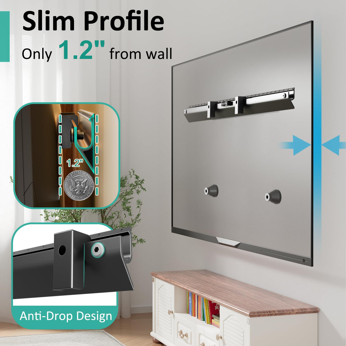 Artressel No Stud TV Wall Mount creates a clutter-free living room setup.