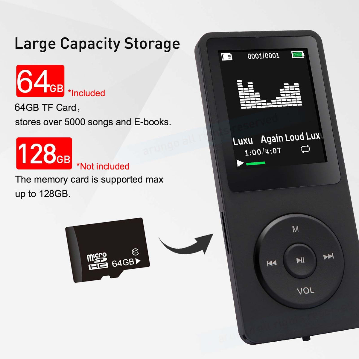 Arungo MP3 Player 1.8-inch HD screen for easy navigation