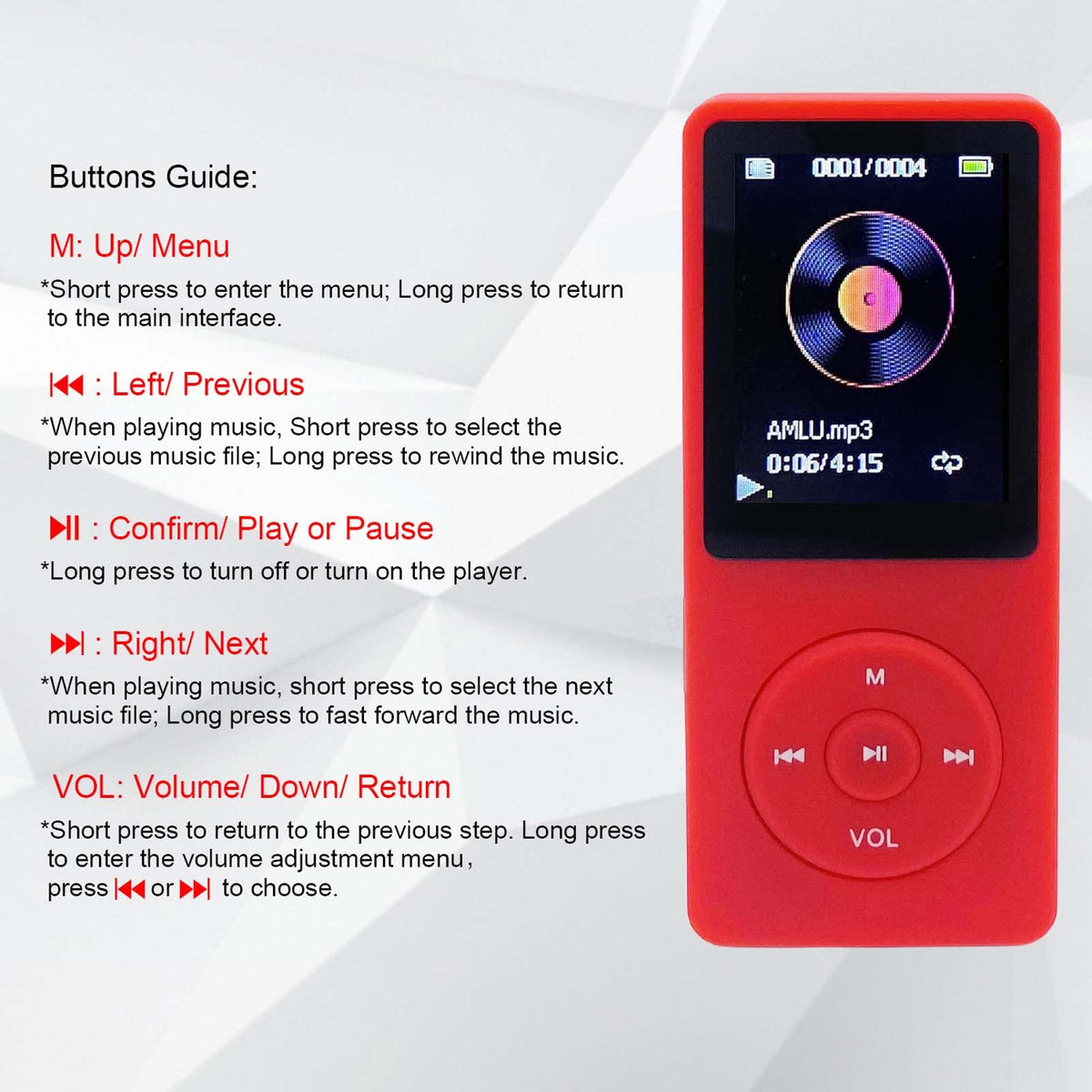 Arungo MP3 Player 32GB red with earphones for on-the-go listening