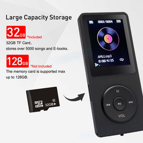 Arungo MP3 Player 32GB with TF card included demonstrates expanded storage.