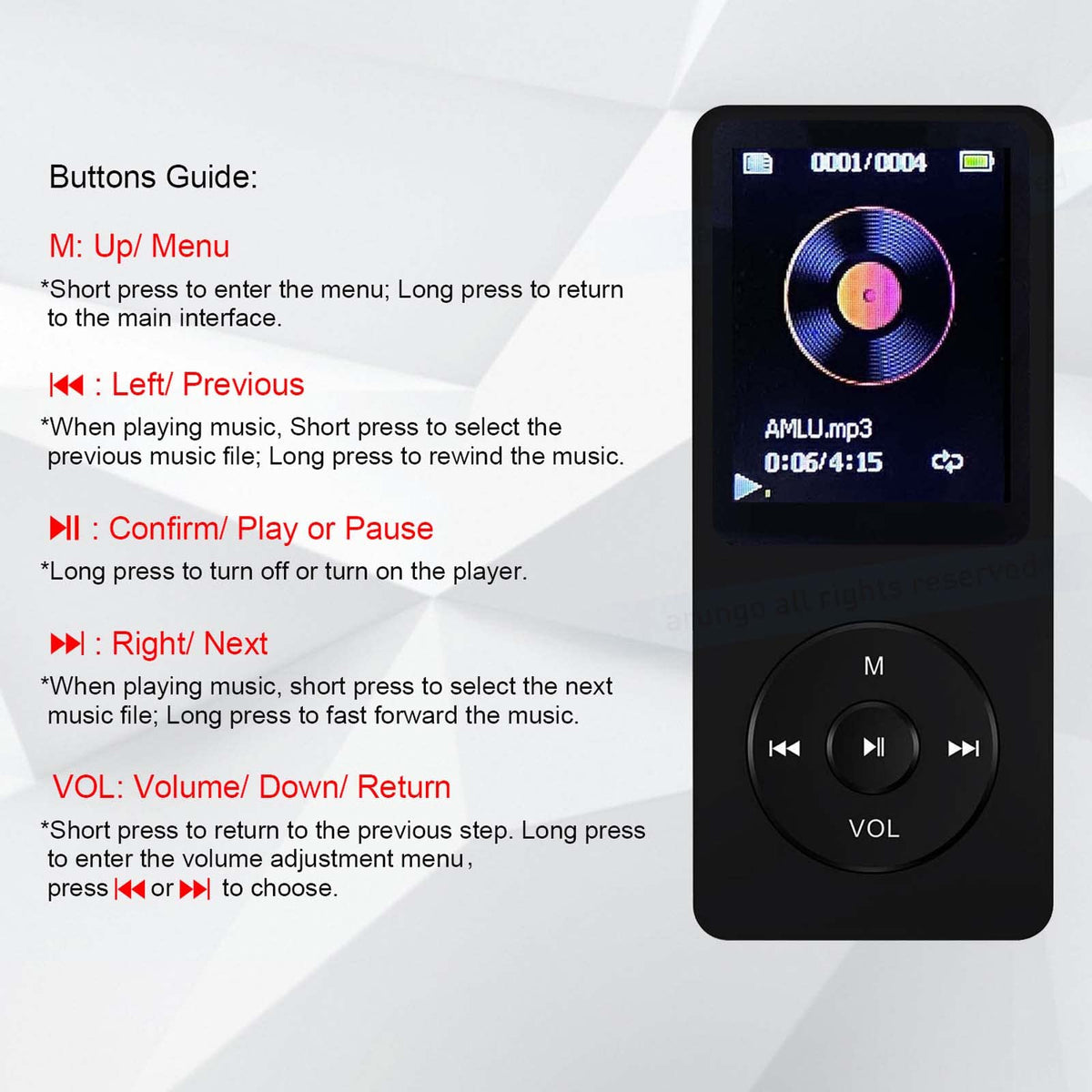 Arungo MP3 Player 32GB side view highlighting slim profile for pocket portability.