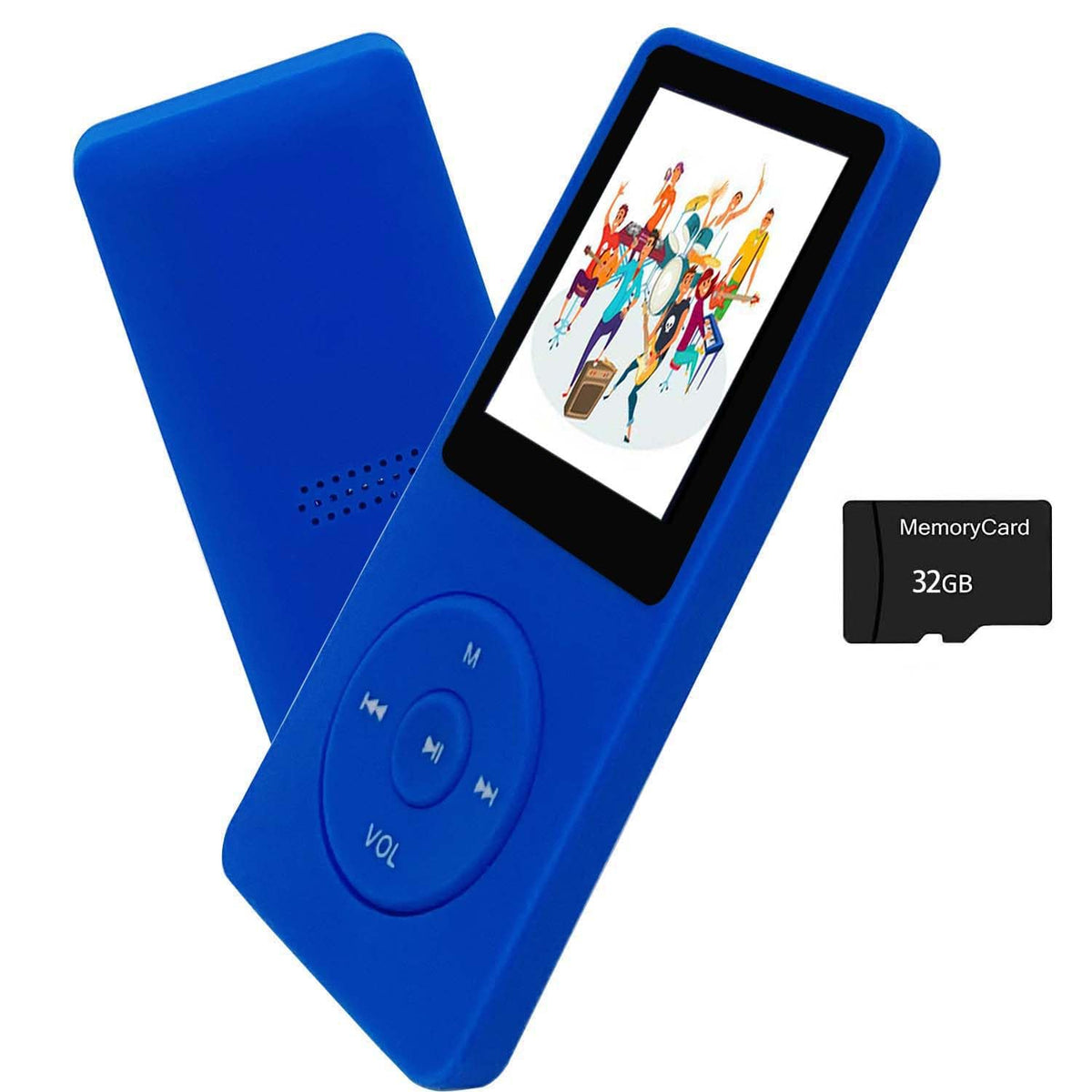 Arungo MP3 Player blue front view shows compact portable design for travel