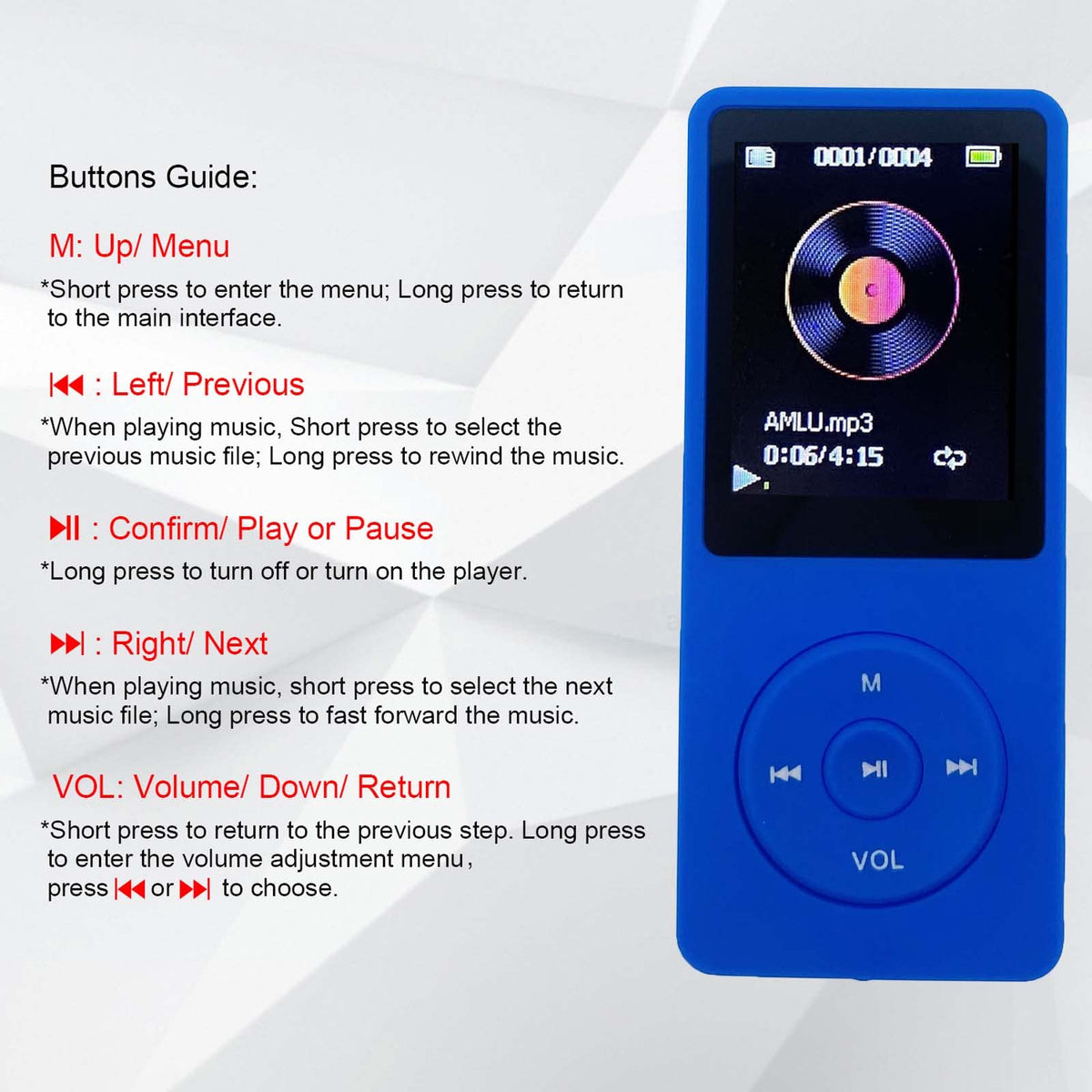 Arungo MP3 Player blue side view highlights sleek profile for pockets