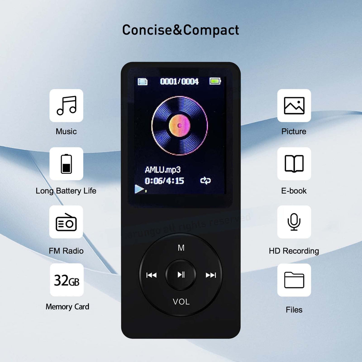 Arungo MP3 Player compact design fits neatly in a pocket for on-the-go listening.