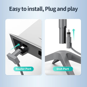 Arvitek cable in use between Starlink dish and router demonstrating stable, plug-and-play connection