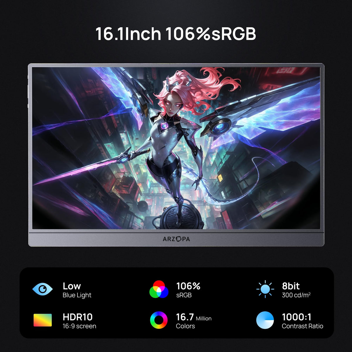 ARZOPA 16.1-inch monitor side profile showing slim, travel-ready design.