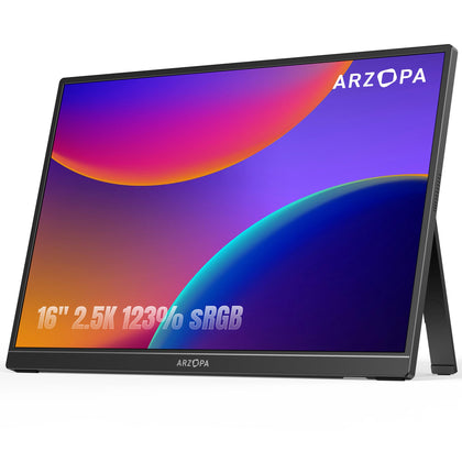 ARZOPA 16-inch portable monitor front view showing vibrant 2.5K visuals for on-the-go clarity