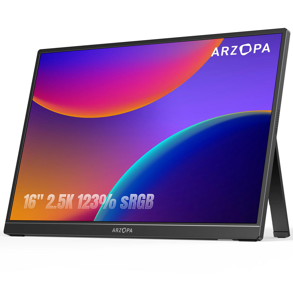 ARZOPA 16-inch portable monitor front view showing vibrant 2.5K visuals for on-the-go clarity