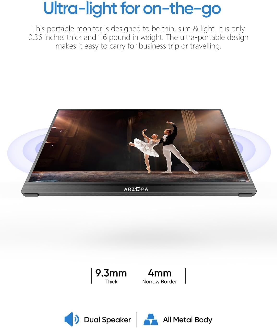 Durable metal body ARZOPA monitor fits into modern desk setups for work or play.