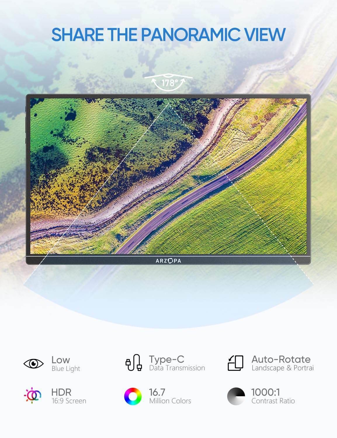 ARZOPA portable monitor in second-screen mode showing rotation options