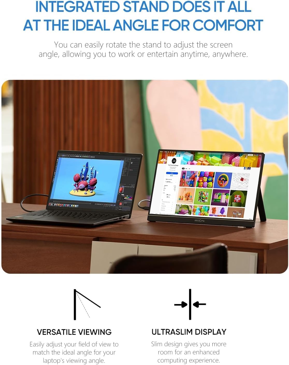 Plug-and-play USB-C and HDMI connectivity simplifies setup with ARZOPA monitor.