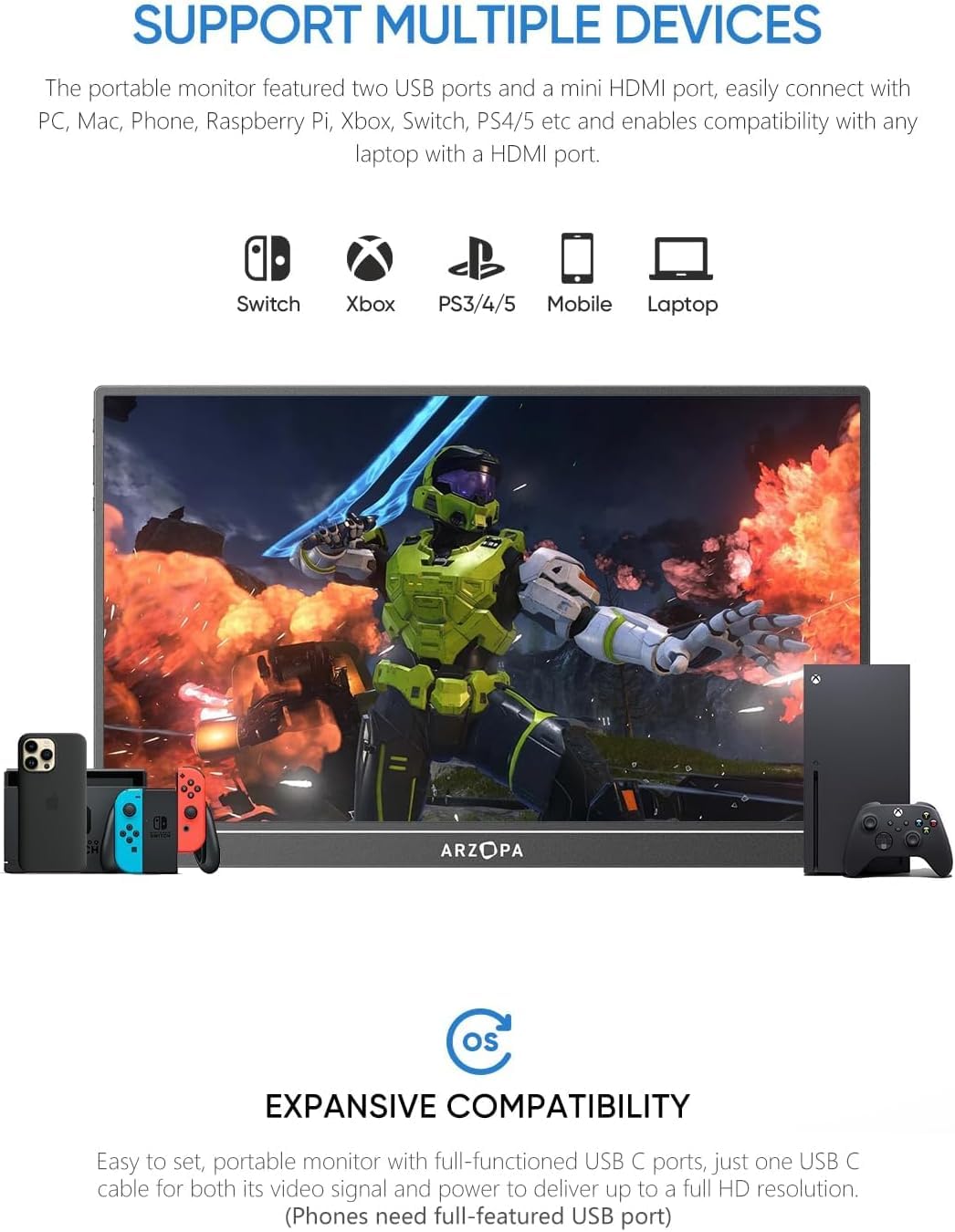 ARZOPA wide compatibility with laptops, PCs, Macs, phones, Xbox, PS5, and Switch.