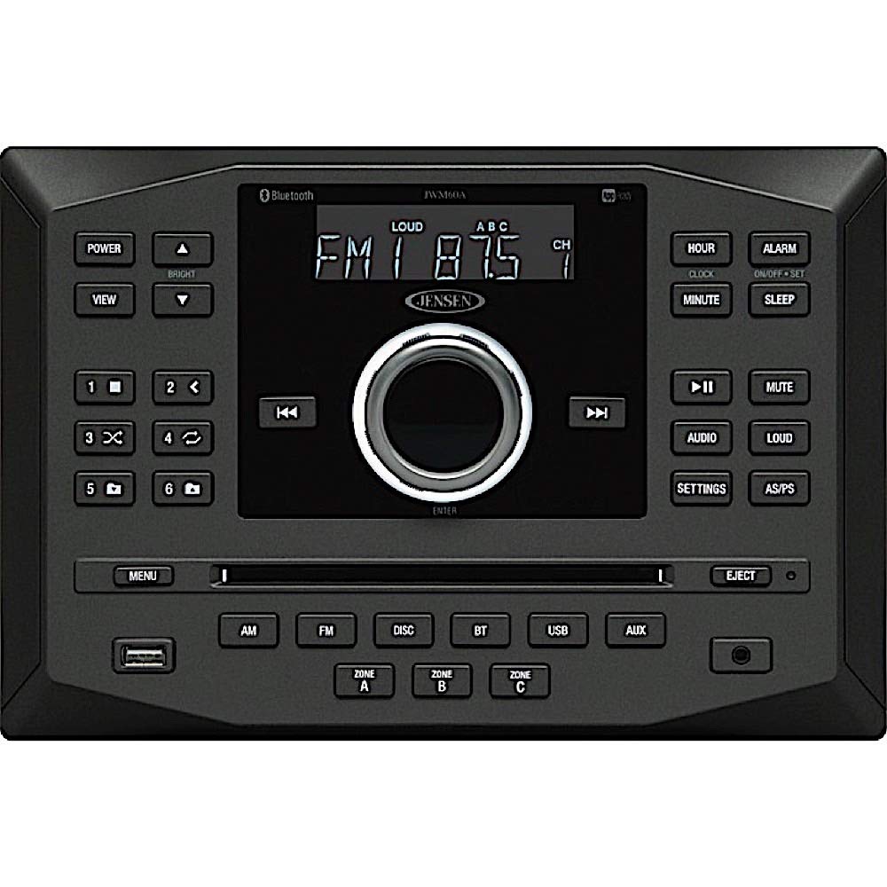 ASA Electronics Jensen JWM62A front panel with app control and Bluetooth for RV use.