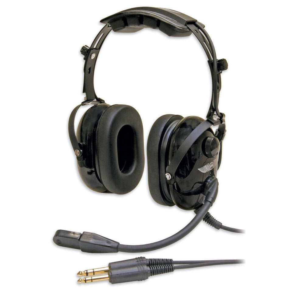 ASA HS-1 headset front view showing compact, entry-level aviation headset for learning and flights.