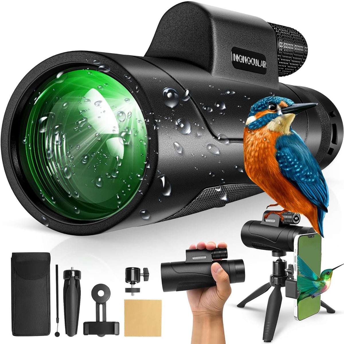 Asacam front view showing monocular and included accessories, showcasing portability and readiness