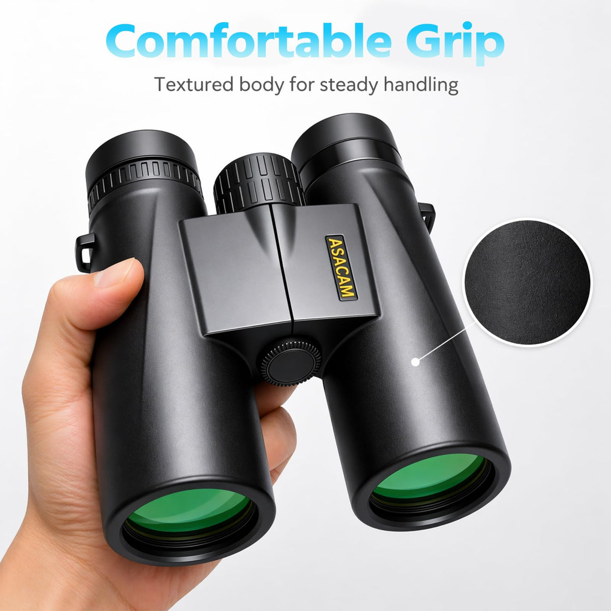 Asacam held in hand to show compact size and lightweight portability benefit