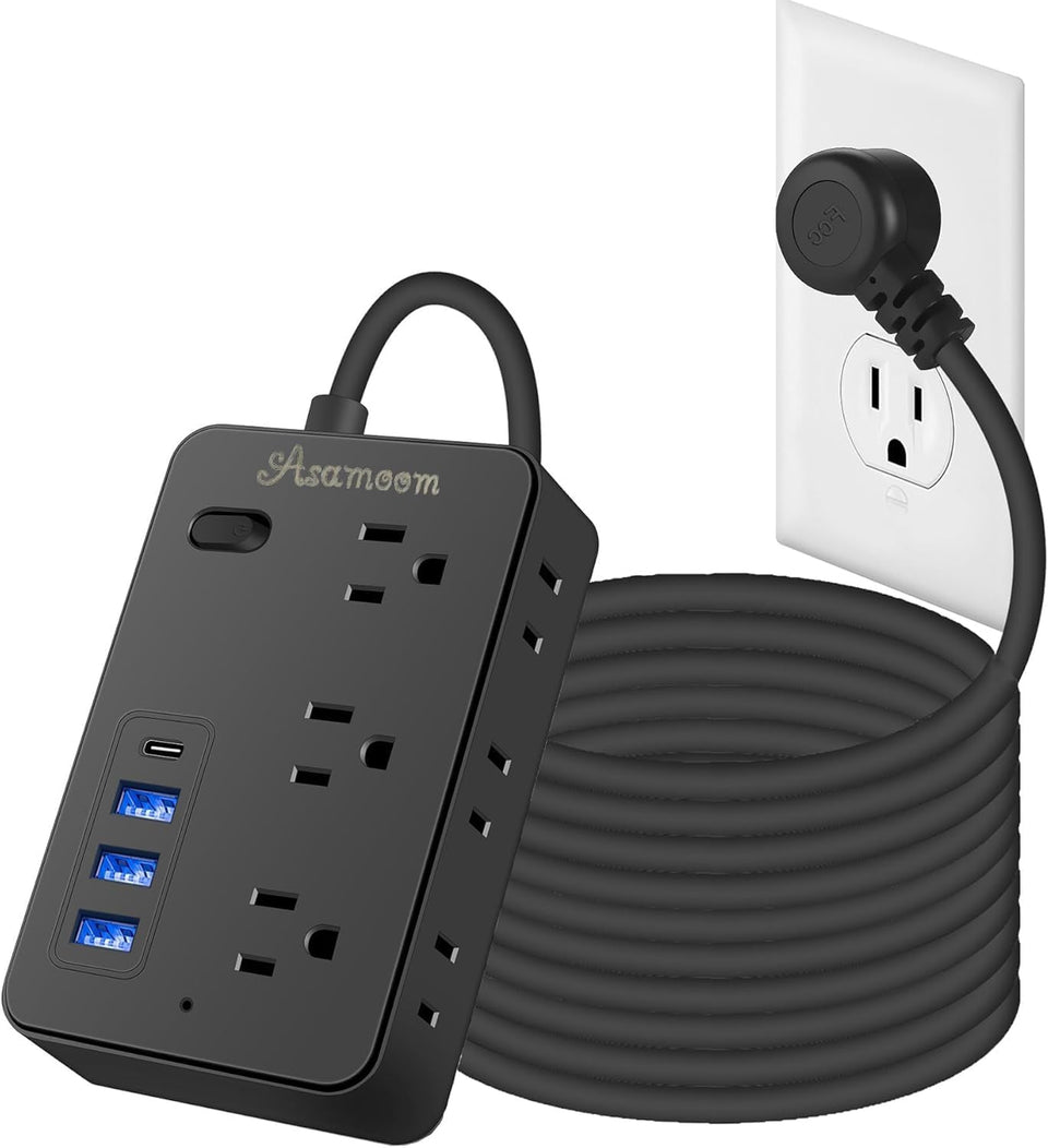 Asamoom 15ft extension cord with flat plug, enabling easy behind-furniture setup.