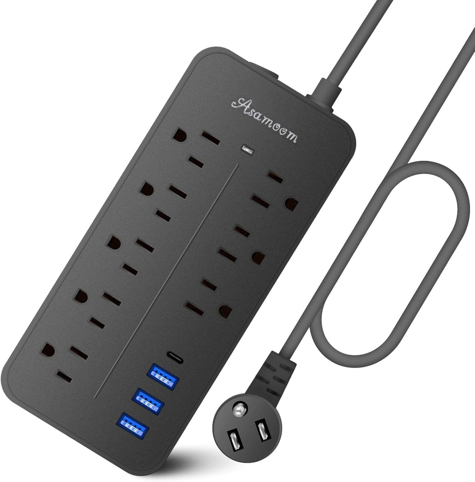 Asamoom 15ft surge protector with flat plug and eight outlets for versatile charging