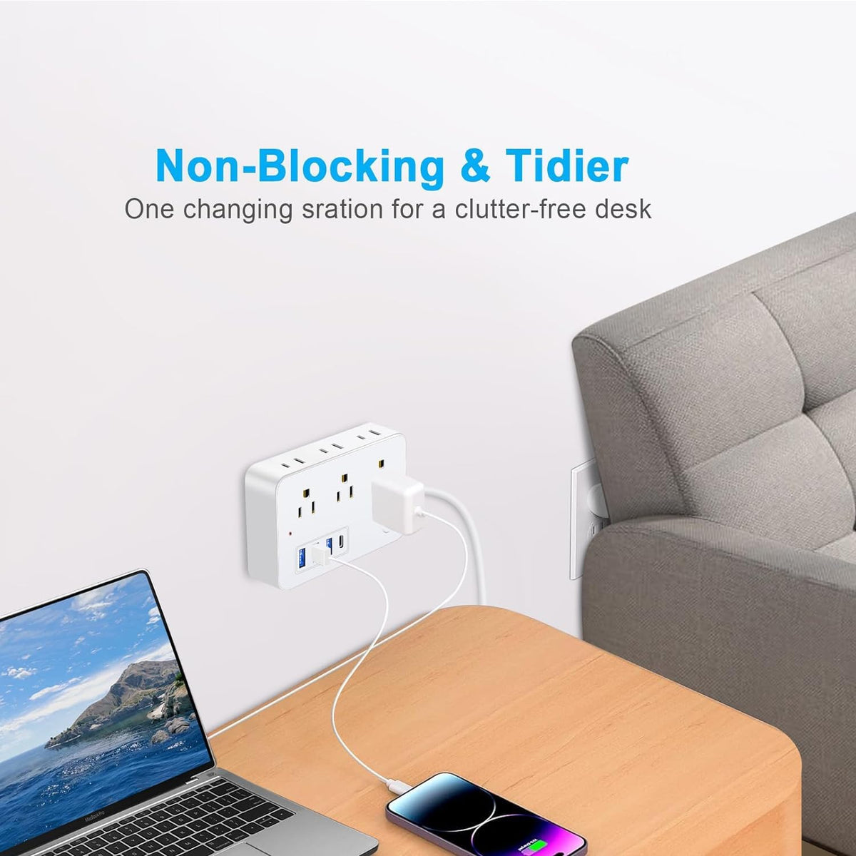 Asamoom power strip with 6 outlets and 4 USB ports for multi-device charging.