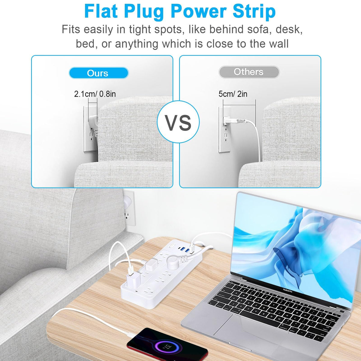 Asamoom power strip on desk powering monitors and accessories with neat cables