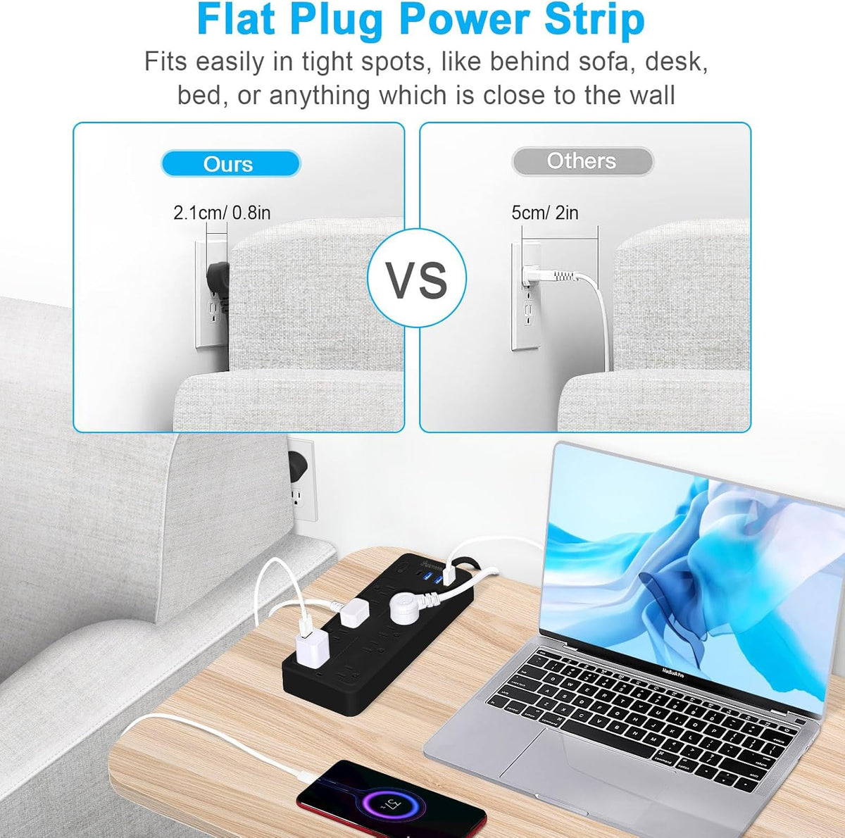 Asamoom flat 45-degree plug profile saving space behind furniture and outlets