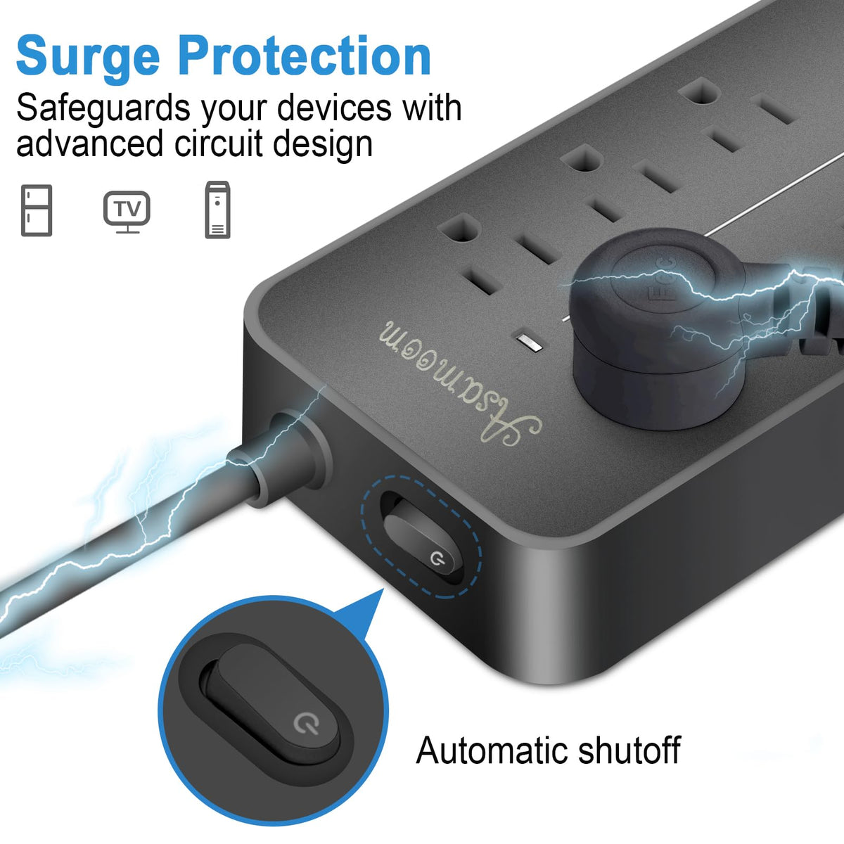 Asamoom flat plug close-up tucked behind furniture for space-saving benefit