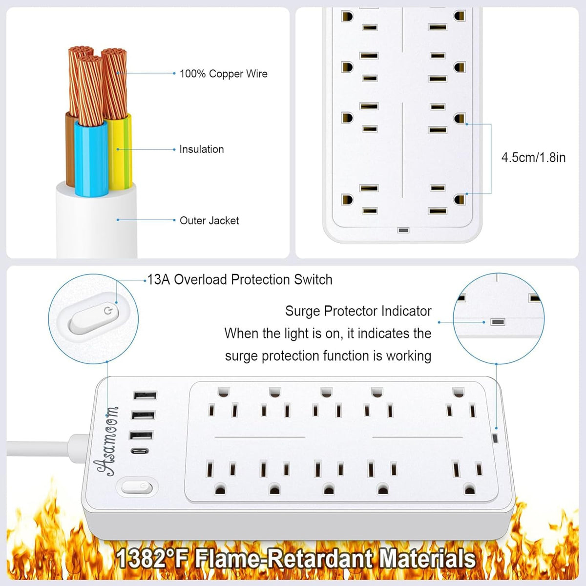 Asamoom flat 45-degree plug detail fitting behind furniture to save space