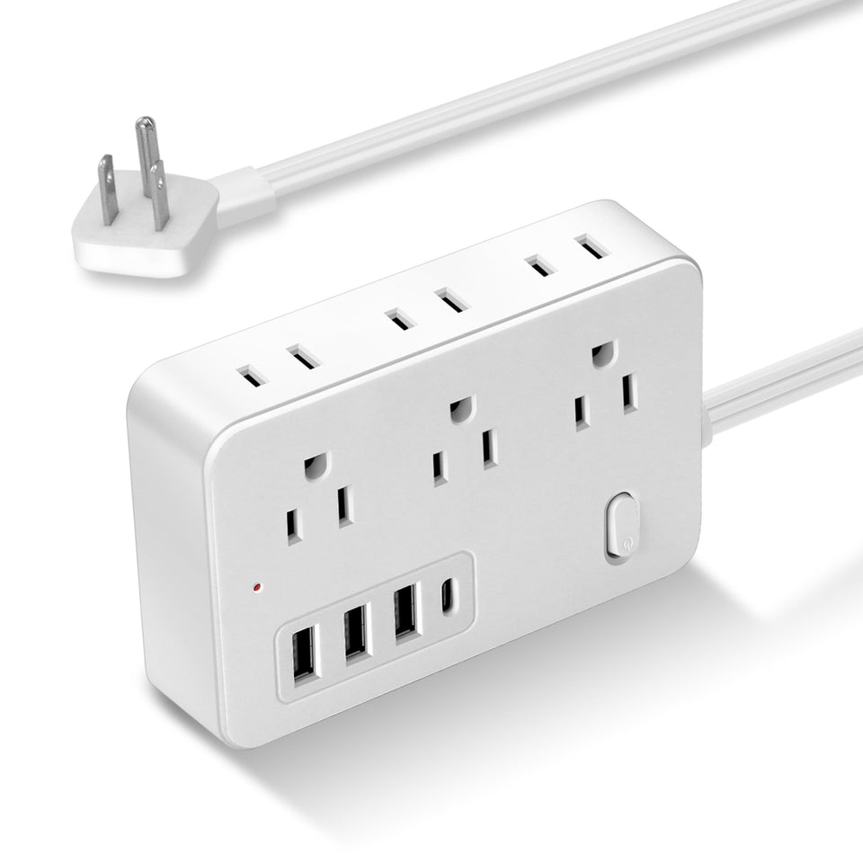 Asamoom front view of flat power strip showing ports and compact design for convenience