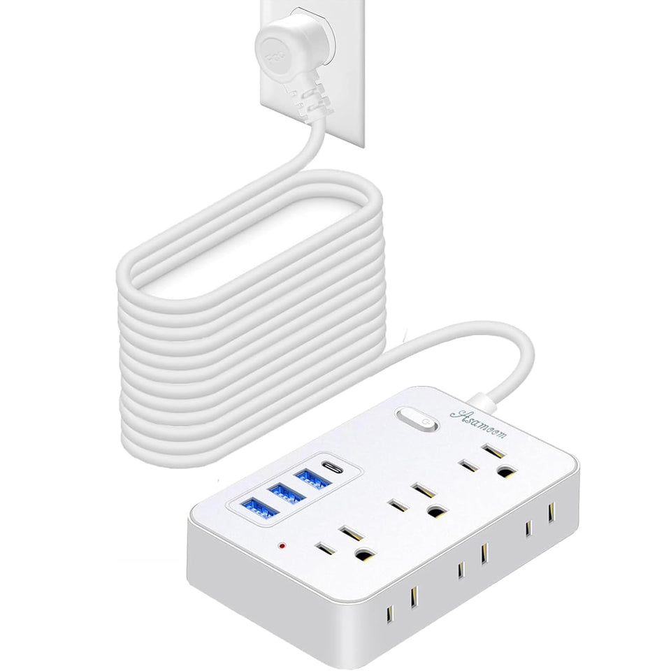 Asamoom front view showing six outlets and four USB ports for versatile charging