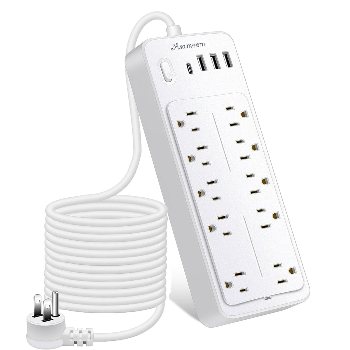 Asamoom power strip front view showing outlets and USB ports for versatile charging