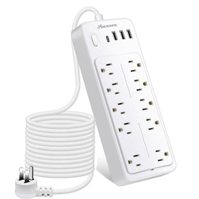 Asamoom power strip front view showing outlets and USB ports for versatile charging