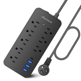 Asamoom front view of power strip showing outlets and ports for organized charging