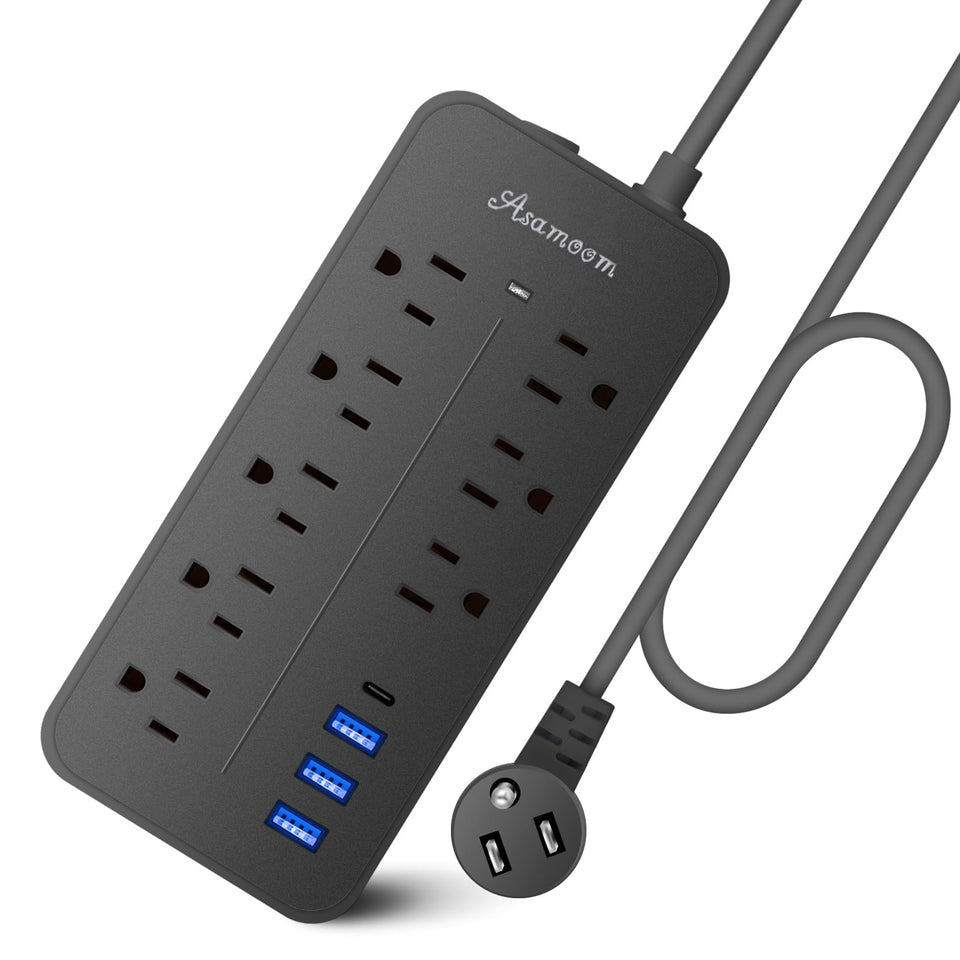 Asamoom front view of power strip showing outlets and ports for organized charging