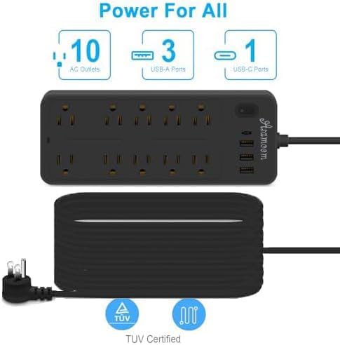 Asamoom power strip in office setup powering monitor, laptop and phone neatly