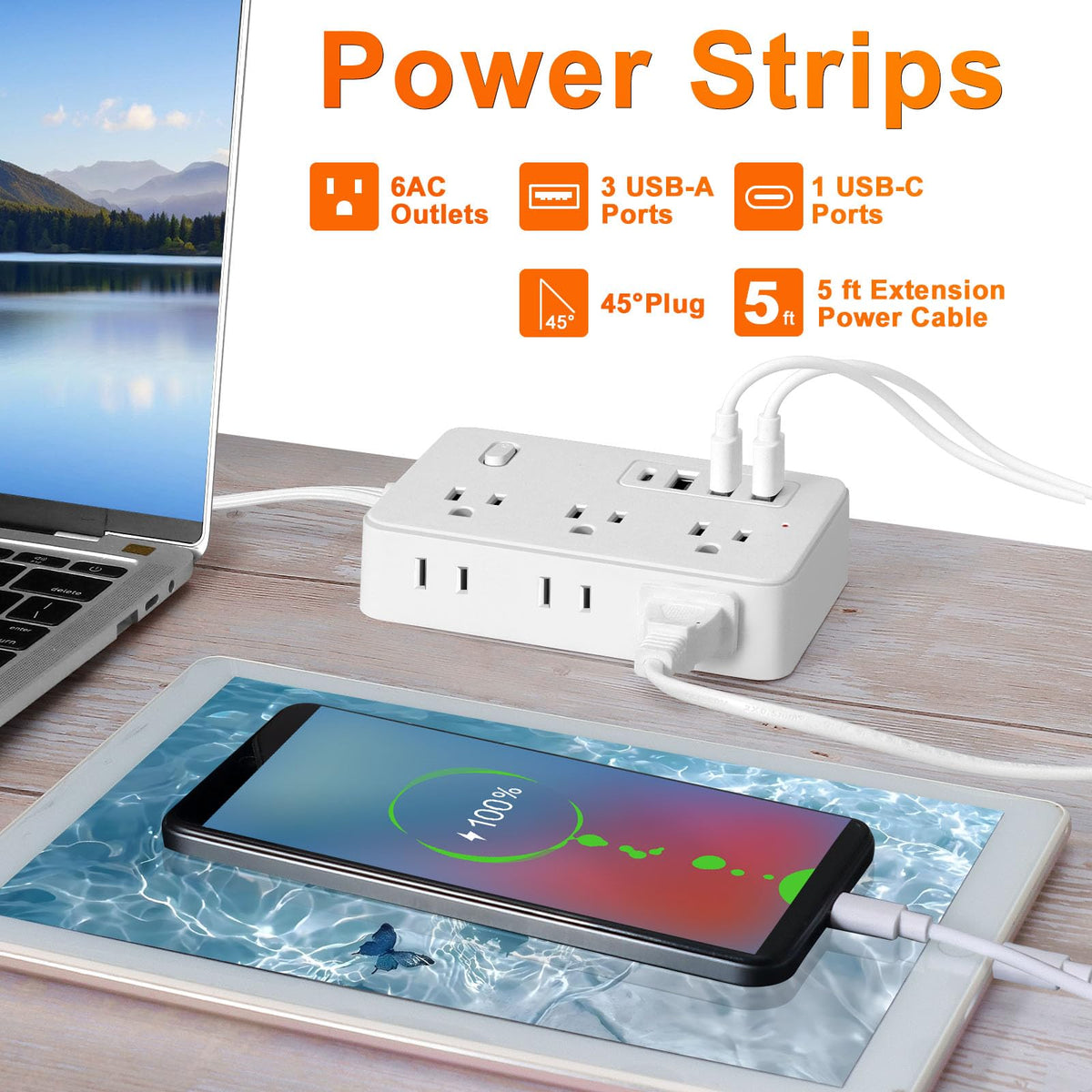 Asamoom lifestyle desk setup powering laptop and phone for organized charging benefit
