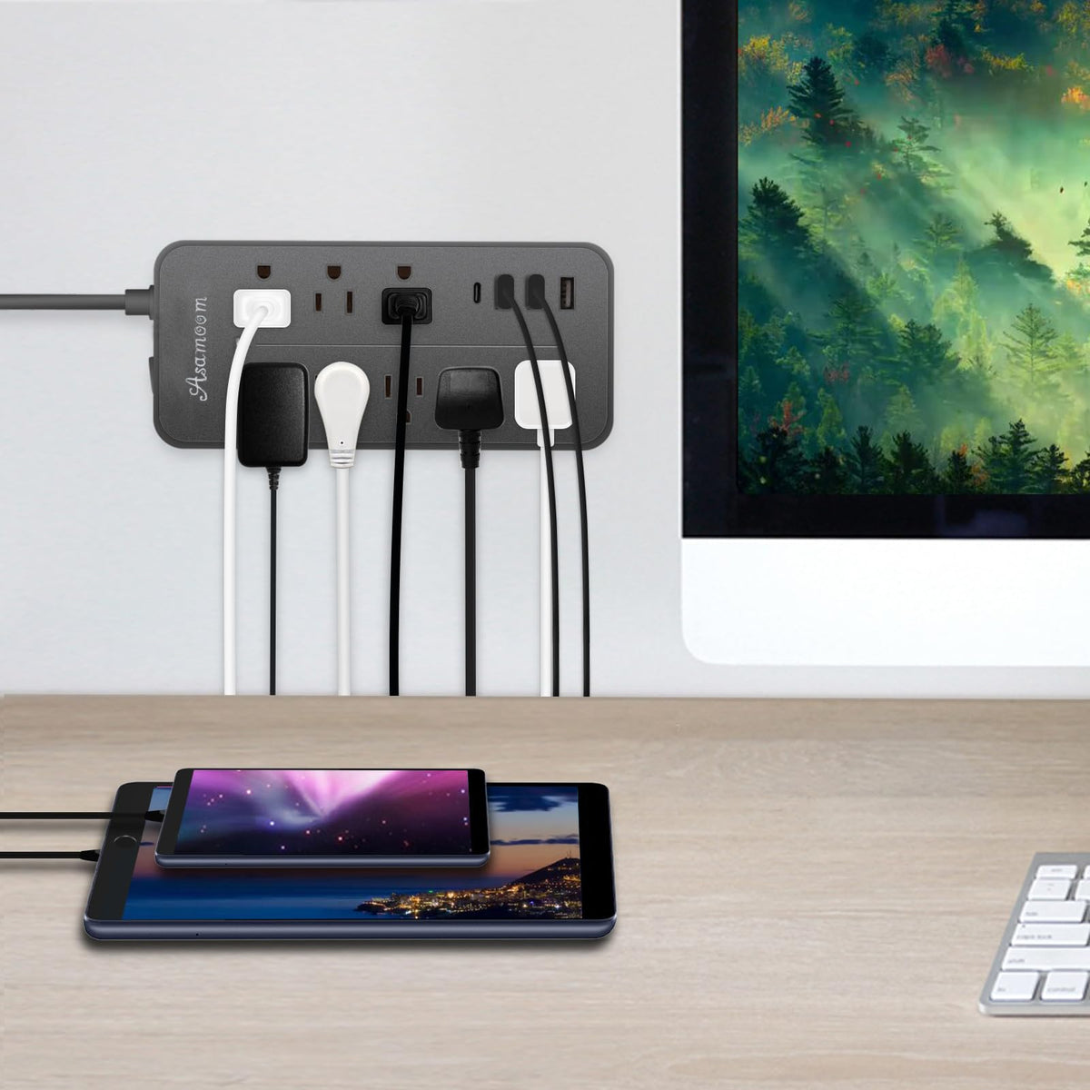 Asamoom outlet spacing detail accommodating bulky adapters for easier use