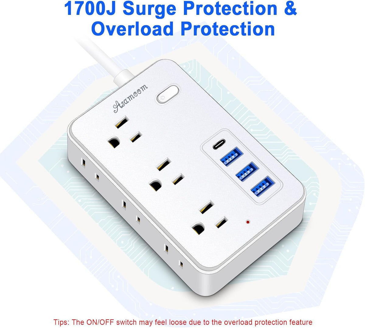 Asamoom detail of AC outlets and USB ports enables simultaneous device charging