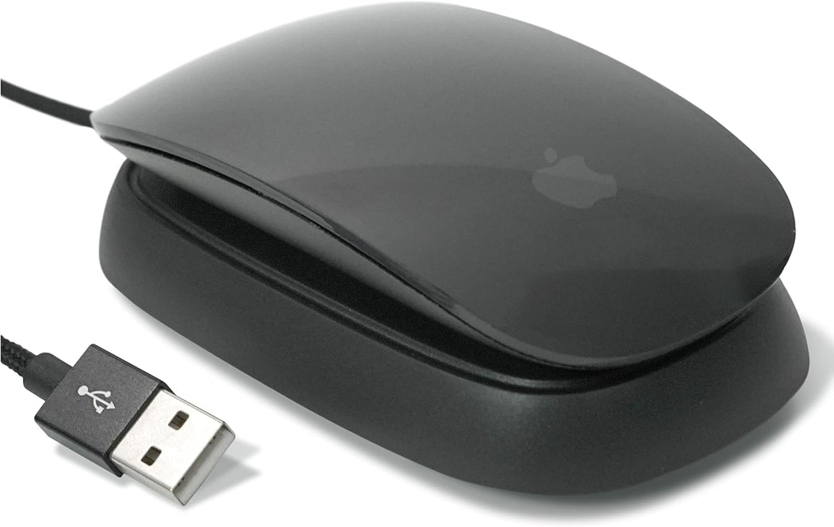 Ascrono charging station front view showing Magic Mouse 2 and tidy setup benefit