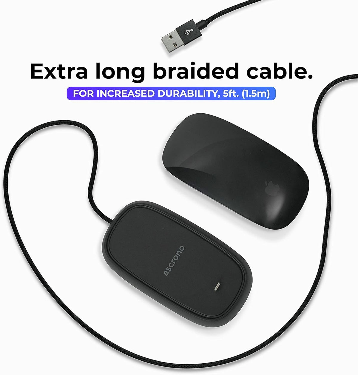Ascrono dock beside 5ft USB-A cable illustrating included length and flexible placement