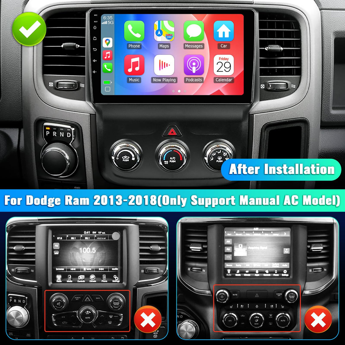 ASENAGO Ram 1500 9-inch touchscreen dashboard improves ease of use and media access.