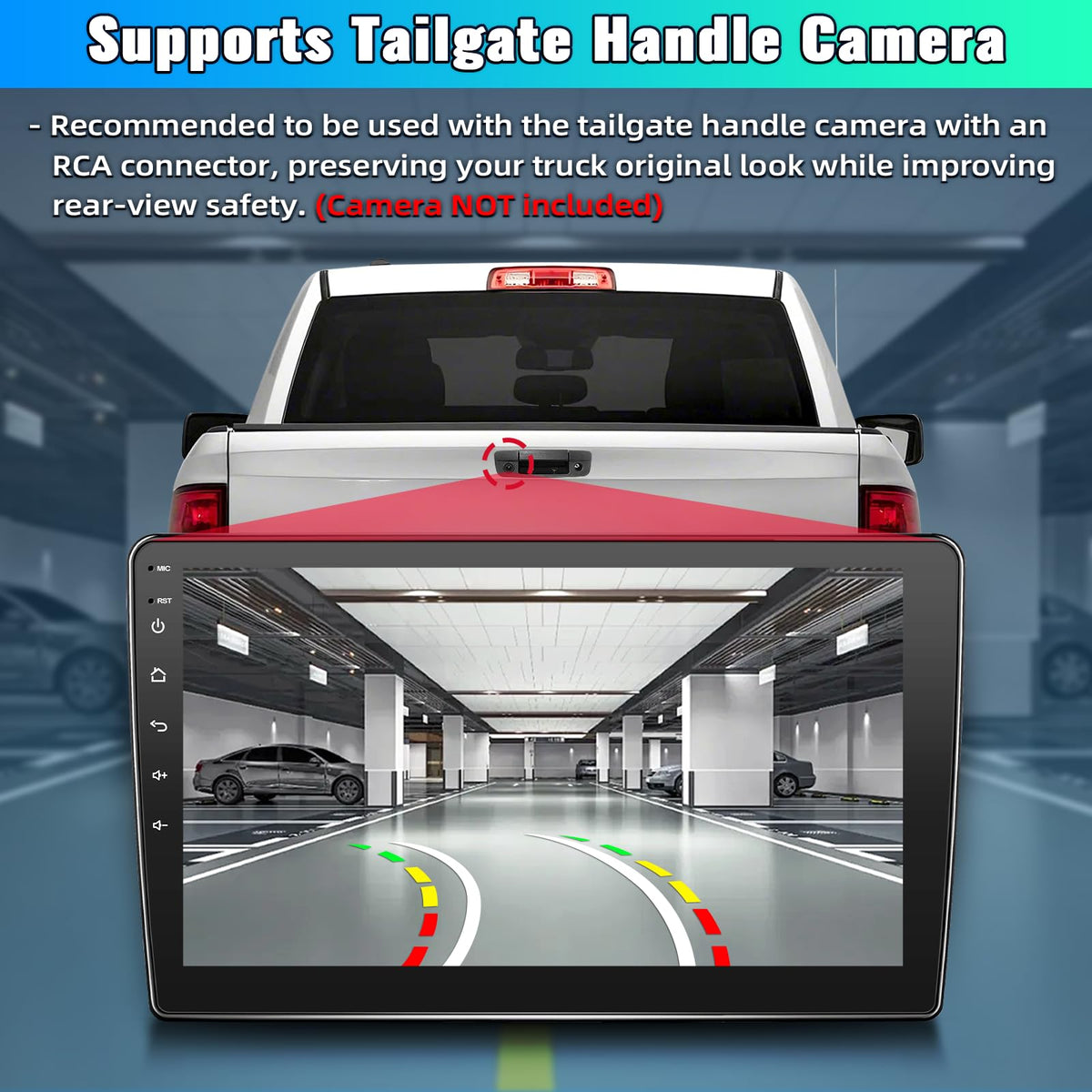 ASENAGO Ram tailgate camera support with RCA for safer reversing.