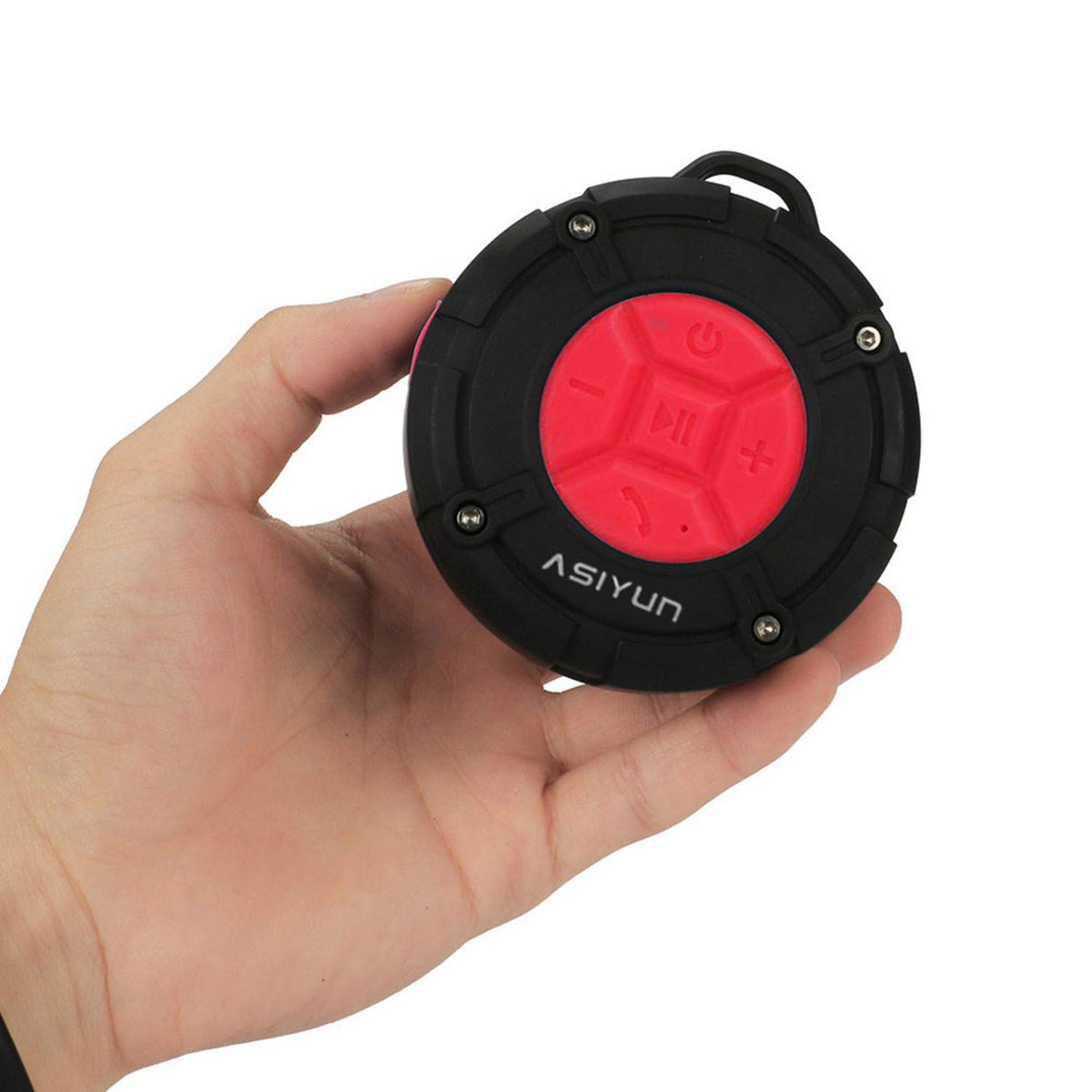 ASIYUN Shower Speaker with aluminum hook for easy hanging anywhere.