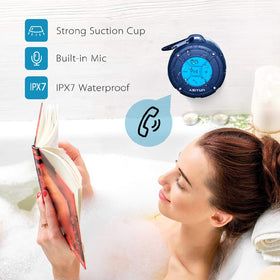 ASIYUN Shower Speaker beside sink shows sleek bathroom friendly design.