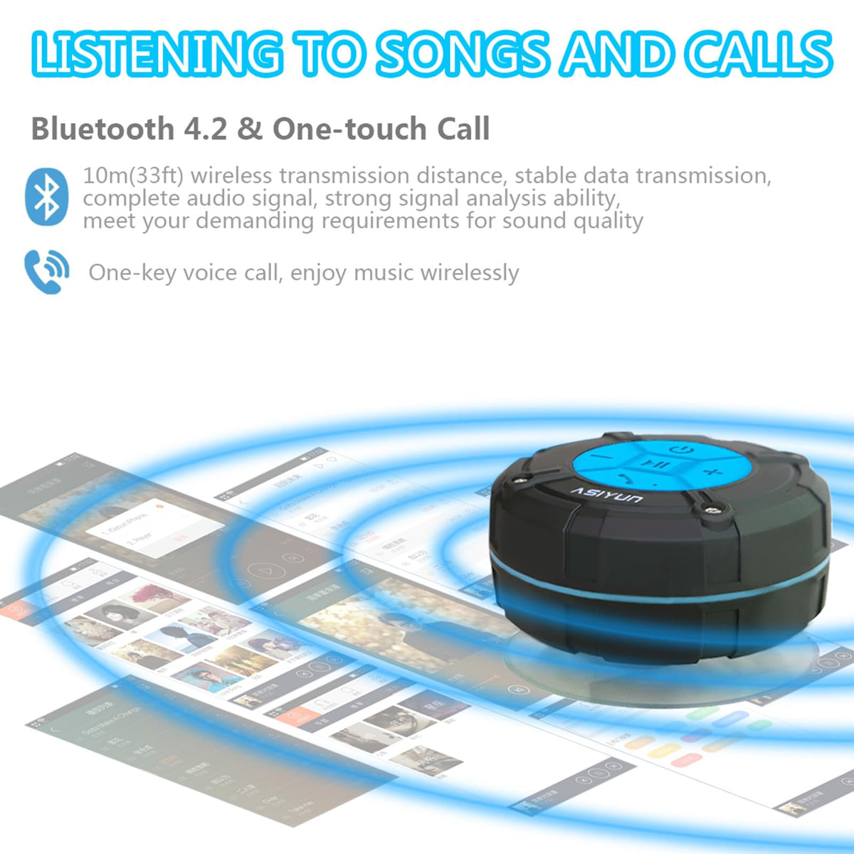 ASIYUN Shower Speaker built in mic enables hands free calls.