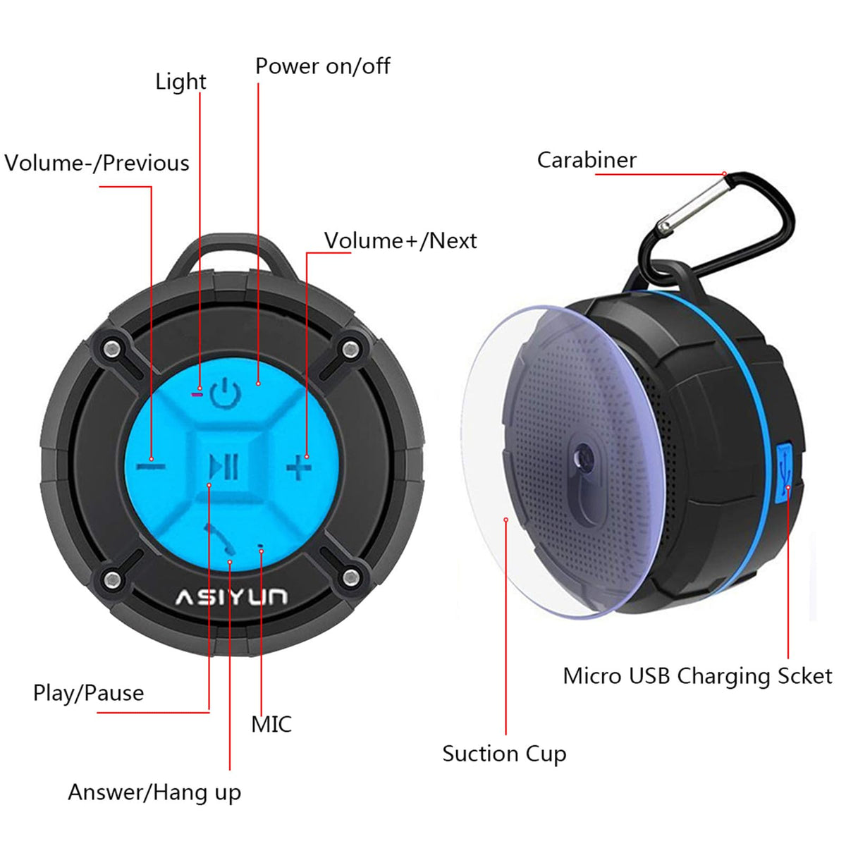 ASIYUN Shower Speaker IPX7 waterproof design ideal for pool or beach use.