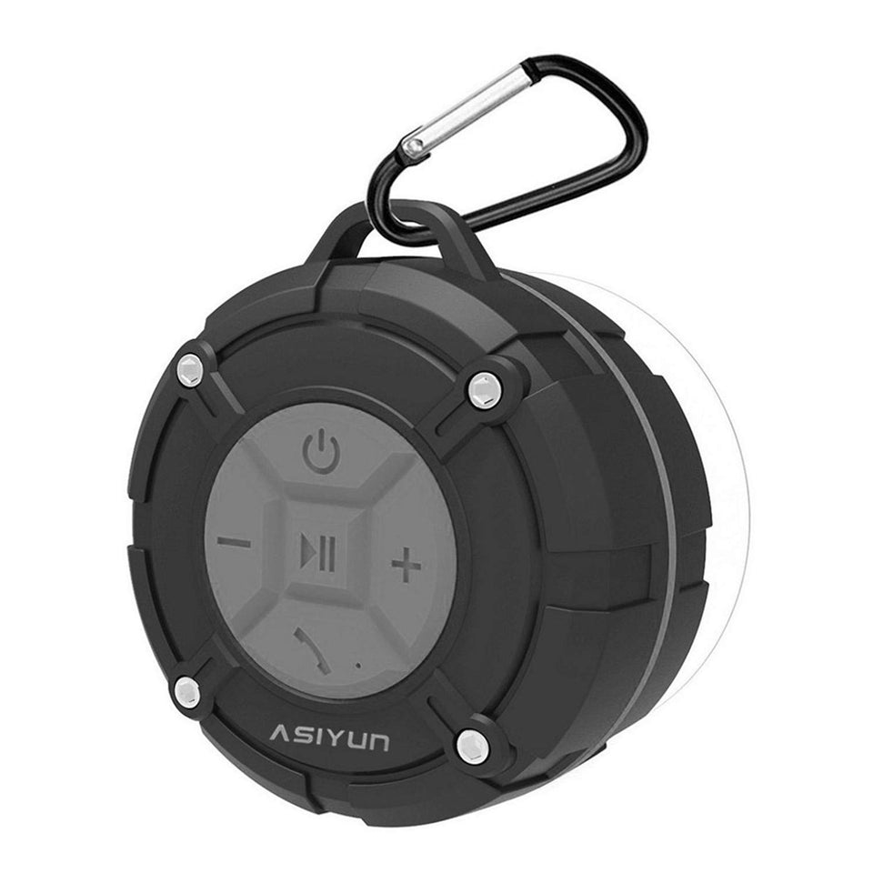 ASIYUN shower speaker grey front view showing compact portable sound