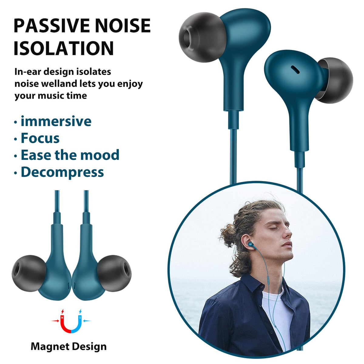 ASKUBSKU earbuds worn in ear demonstrating 45 degree fit and comfort for long listening sessions benefit
