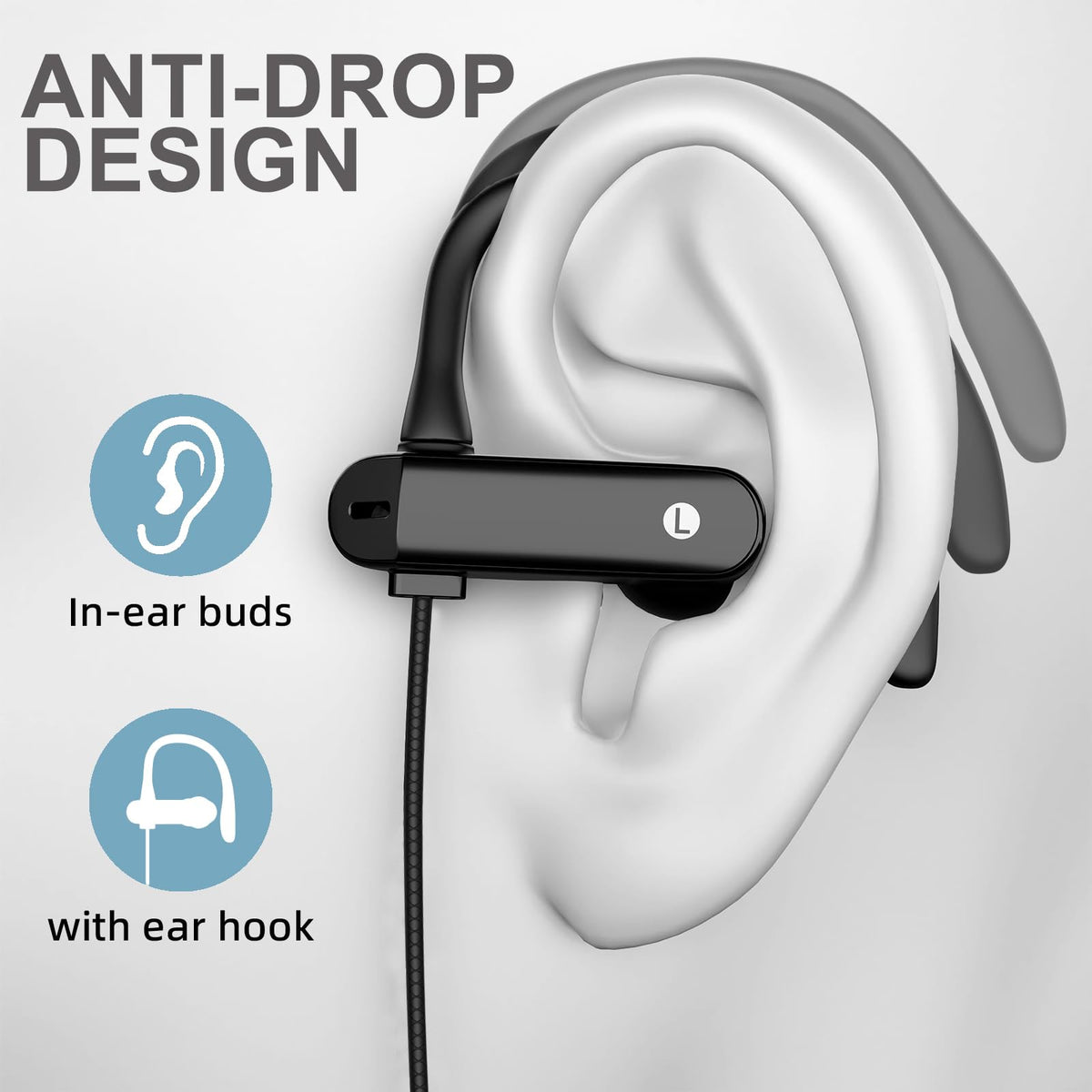 ASKUBSKU ear hook close-up highlighting secure fit for active use and stability