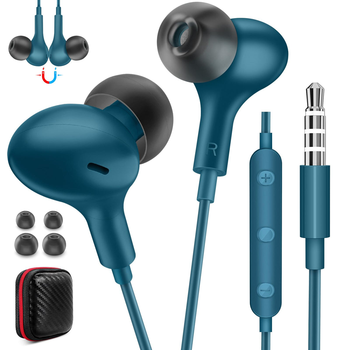 ASKUBSKU front view of blue earbuds showing compact packaging and clear model label, convenient carry benefit